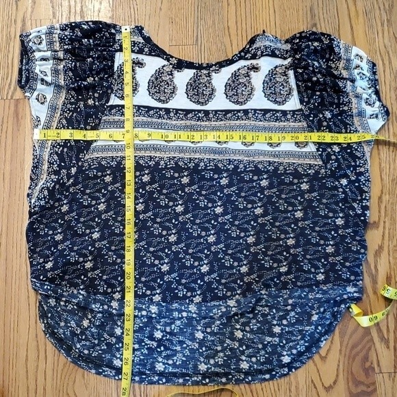 FREE PEOPLE PUFF SLEEVE PAISLEY COTTON KNIT TOP SIZE SMALL BOHO BLACK CREAM - Picture 11 of 11